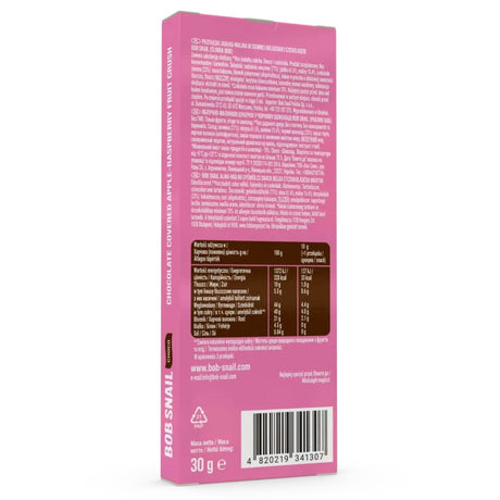Bob Snail Choco obuolių ir aviečių užkandis su juoduoju šokoladu - 30 g