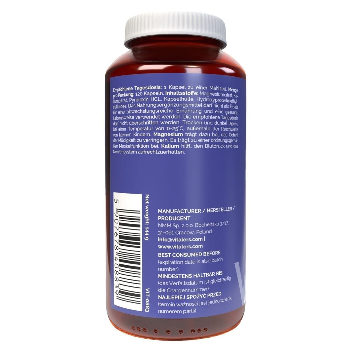 Vitaler's Magnesium 100 mg + Potassium 150 mg + Vitamin B6 6 mg - 120 Capsules