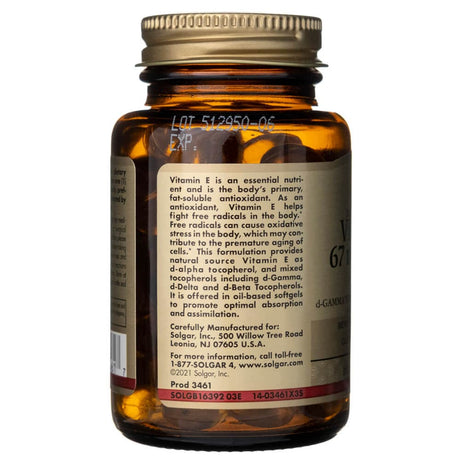 Solgar Vitamin E 67 mg (100 IU) (d-Alpha Tocopherol) - 100 Softgels